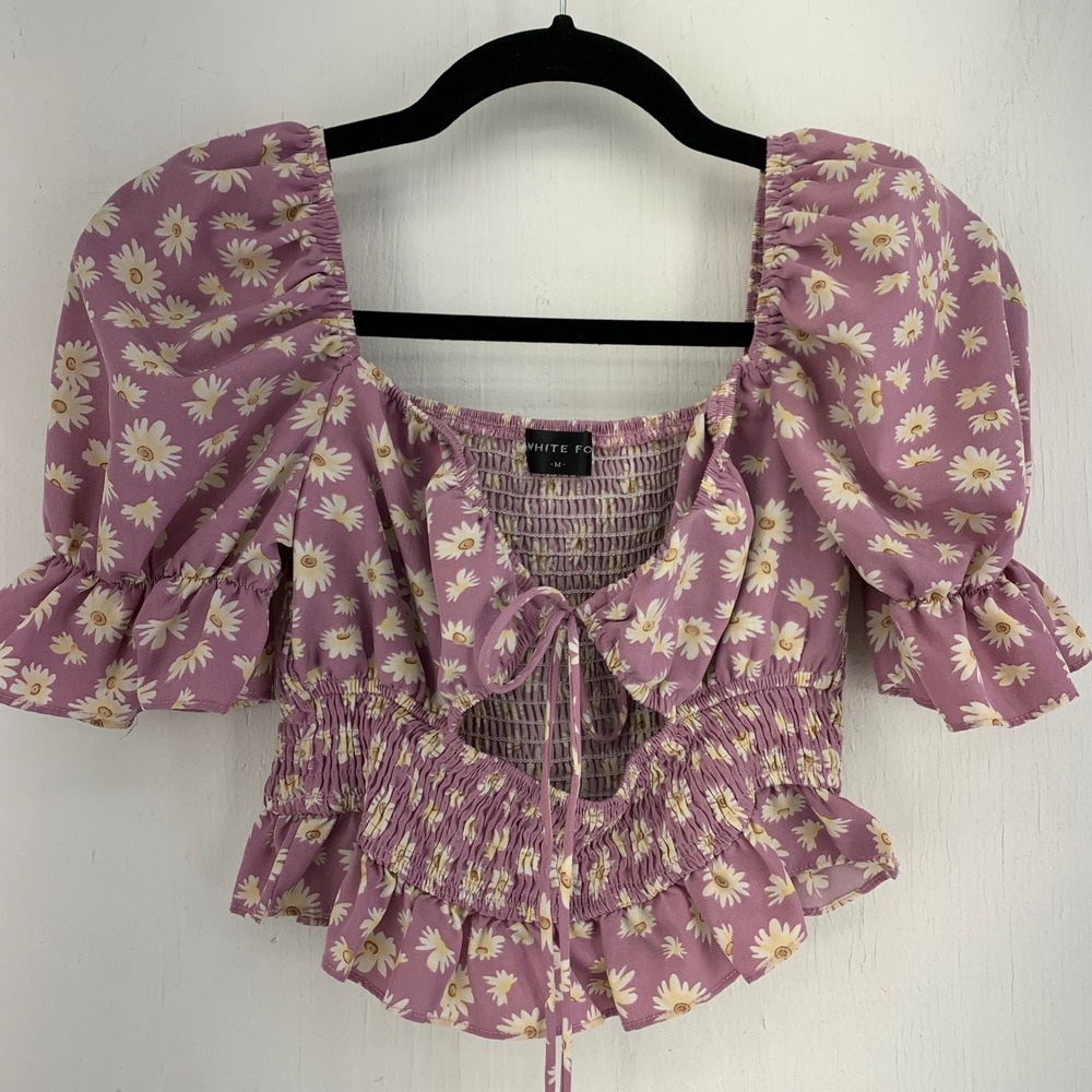 Summer Festival Medium Daisy Floral Puff Sleeve Smocked Crop Top Coquette‎ Fairy